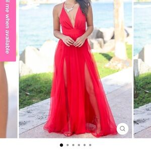Red Vneck Tulle Maxi Dress